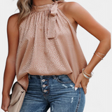 Adela Leopard Print Sleeveless Top with High Neck and Bow