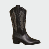 Isabella - Black Leather Cowboy Boots with Feather Details