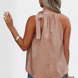 Adela Leopard Print Sleeveless Top with High Neck and Bow