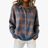 Valeria – Checkered Knit Cardigan in Blue and Rust Tones