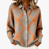 Sofía – Knitted cardigan with diamonds in neutral tones and orange