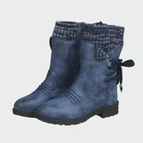 Victoria - Blue Suede Ankle Boots with Knitted Detail