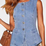 Ludovica Denim Set with Fitted Vest and Wide-Leg Jeans
