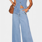 Ludovica Denim Set with Fitted Vest and Wide-Leg Jeans
