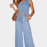 Ludovica Denim Set with Fitted Vest and Wide-Leg Jeans