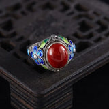 Adjustable retro ring with silver and red tourmaline