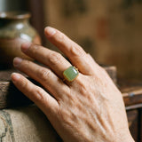 Adjustable Retro Gold Ring with Green Jade