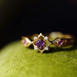 Adjustable Retro Geometric Ring in Gold with Purple Amethyst Crystals