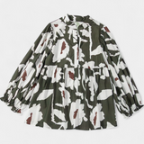 Filomena Blouse with Half Button Closure and Puff Sleeves in Abstract Floral Print