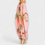 Linda - Off-Shoulder Dress with Asymmetrical Shoulder and Palm Print