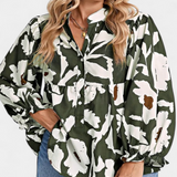 Filomena Blouse with Half Button Closure and Puff Sleeves in Abstract Floral Print