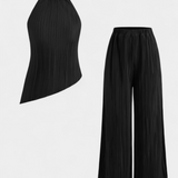 Pilarica Pleated Set with Asymmetrical Halter Top and Flowing Pants