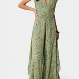 Leandra Cross-Back Fluid Jumpsuit with Green Floral Print