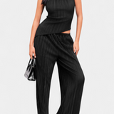 Pilarica Pleated Set with Asymmetrical Halter Top and Flowing Pants