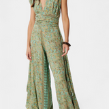 Leandra Cross-Back Fluid Jumpsuit with Green Floral Print