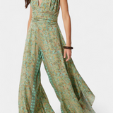 Leandra Cross-Back Fluid Jumpsuit with Green Floral Print