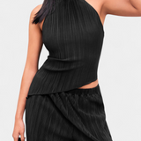 Pilarica Pleated Set with Asymmetrical Halter Top and Flowing Pants