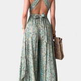 Leandra Cross-Back Fluid Jumpsuit with Green Floral Print